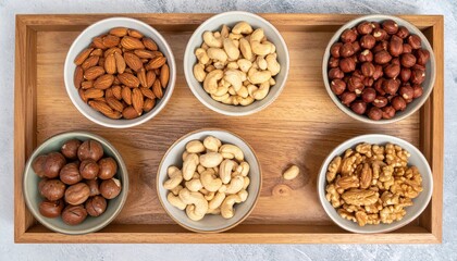 Fototapeta premium Healthy snack selection mixed nuts tray kitchen food photography natural light top view nutritional variety