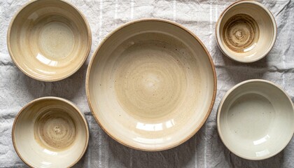 Artisan pottery bowls home kitchen decorative tableware minimalist aesthetic top-down view nature-inspired design