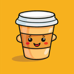 Cute Coffee Cup Cartoon Character With Smiling Face On Yellow Background