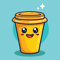 Cute Cartoon Coffee Cup With Kawaii Smiling Face On Light Blue Background