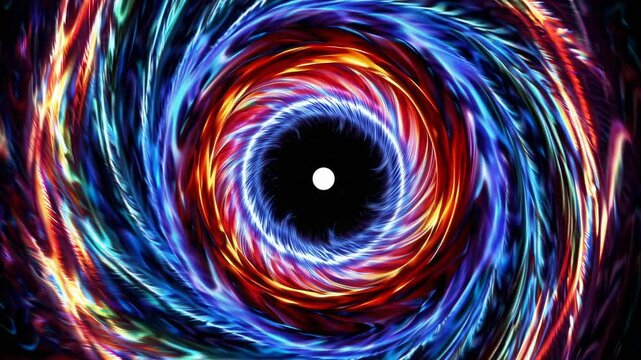 Vibrant cosmic swirl spinning around dark gravitational center, generating hypnotic luminous dynamo