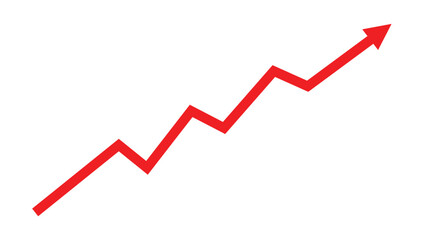 Single red upward trending graph line.Red upward trend arrow in a zigzag pattern on a transparent background. Isolated png illustration for business growth, success