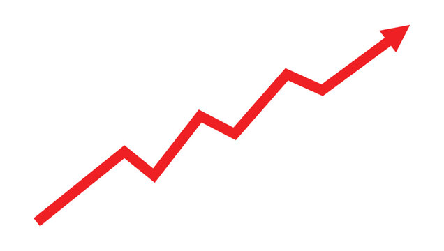 Single red upward trending graph line.Red upward trend arrow in a zigzag pattern on a transparent background. Isolated png illustration for business growth, success
