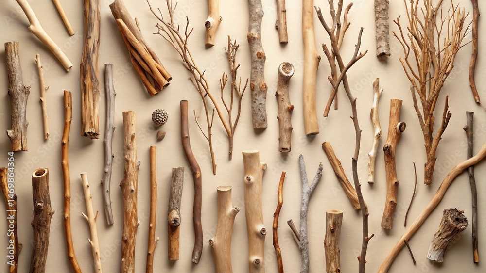 Poster collection of assorted natural wood branches and twigs arranged on a neutral backdrop