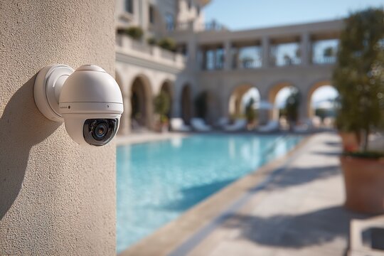 Smart home security camera mounted on outdoor pool wall, panoramic view of luxury architecture