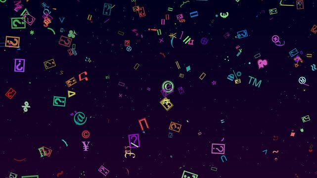 Random colorful symbols and characters scattered across a deep purple background, creating a floating constellation of bright mathematical, currency, and special typographic marks in digital space.