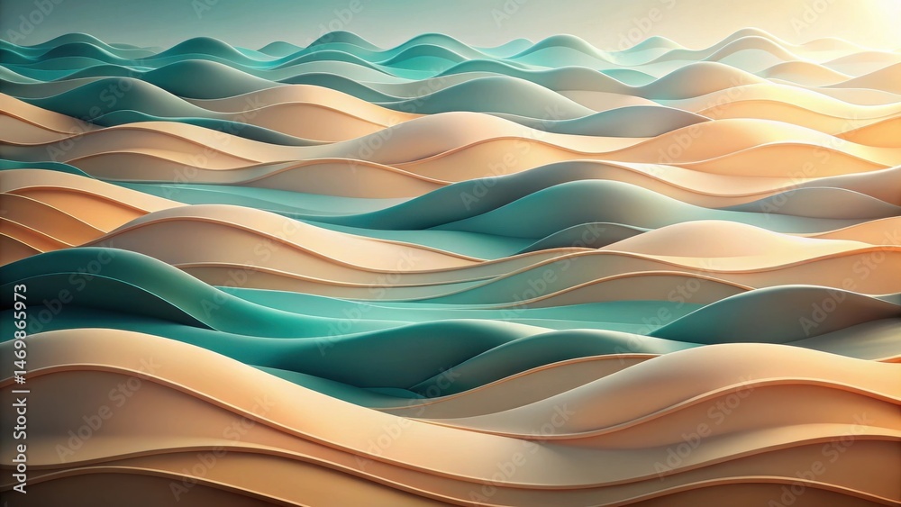 Poster Abstract Wavy Landscape of Pastel Hues A Serene Digital Composition Featuring Undulating Forms and Gradient Color Transitions