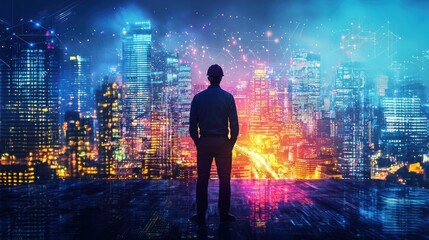 Fototapeta premium A man in a hard hat standing on a rooftop overlooking a vibrant, colorful cityscape at night, with a futuristic, digital skyline and glowing lights.