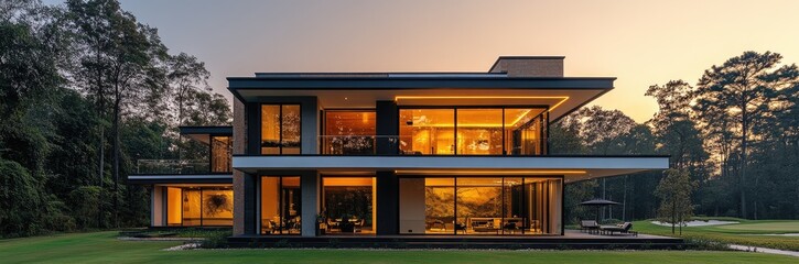 Obraz premium Modern home with large windows at dusk.