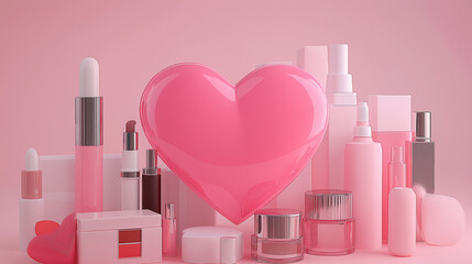 Pink Beauty Products with Heart Background &ndash; Romantic Cosmetic Packaging Display for Skincare and Makeup Promotion