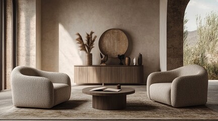 A minimalist living room with two armchairs, a coffee table, and an empty wall for an art mockup, featuring a modern interior design and natural light from large windows. generative ai