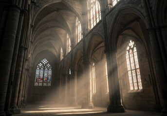 Obraz premium Sunbeams Illuminate Stained Glass in Gothic Cathedral Interior
