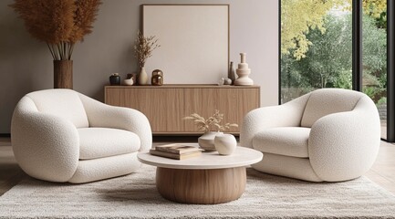 A minimalist living room with two armchairs, a coffee table, and an empty wall for an art mockup, featuring a modern interior design and natural light from large windows. generative ai