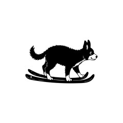 Stylized black and white illustration of a dog skiing on a minimalist white background