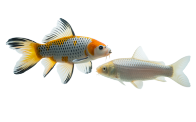 Two fish, one with orange fins and the other with silver scales, swimming in opposite directions