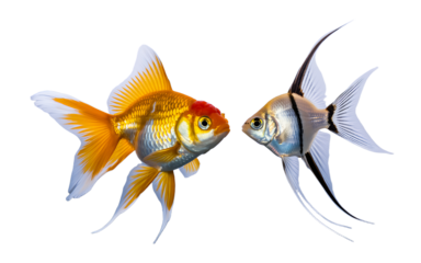 Two fish, one with orange fins and the other with silver scales, swimming in opposite directions