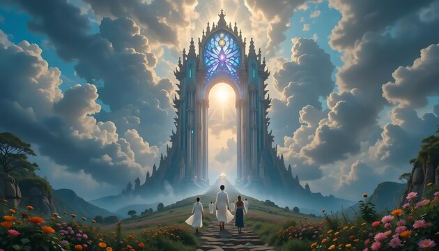 Entering the Gates of Heaven This image symbolizes the transition from earthly life to eternal life, with the gates of heaven as a beacon of hope and salvation in Christian belief.