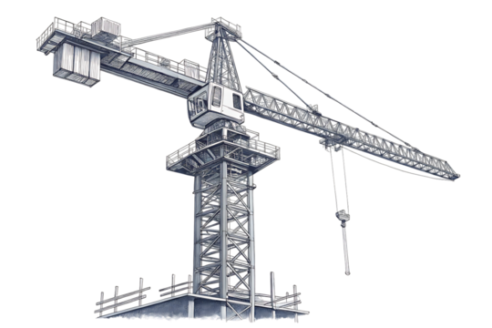 Detailed Pen Sketch of a Tower Crane Construction Site Equipment for Design and Creative Projects.