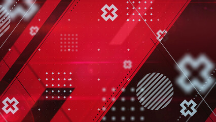 斜線を基調とした背景にシンプルな図形が並ぶスタイリッシュな平面構成 - レッド © Micke