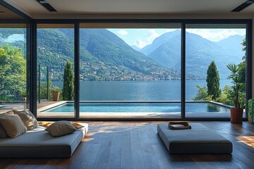 Fototapeta premium Spacious modern living area with lake views.