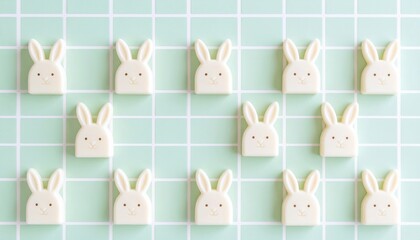 Obraz premium Cute bunny-shaped candies on mint tile background sweet treats indoor setting high angle view fun dessert concept