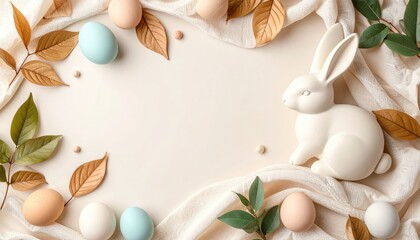 Easter celebration decor featuring colorful eggs and bunny soft background image composition spring vibe top view festive tradition