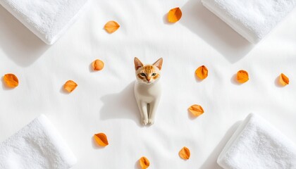 Playful cat surrounded by petals indoor setting high perspective soft lighting tranquil atmosphere