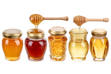 Different types of honey dripping from dippers into glass jars