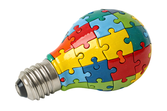 Light Bulb Made of Colorful Jigsaw Puzzle Pieces, Creative Solution, Teamwork Concept Isolated on Black Background.