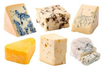 Different cheeses making delicious composition on white background