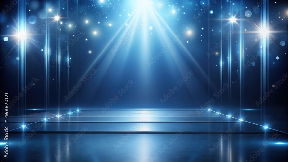 Aufkleber a stage illuminated by bright blue spotlights and shimmering lights for a presentation or event