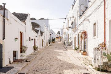 A peaceful narrow street in Alberobello, Italy, lined with traditional trulli houses featuring conical stone roofs, whitewashed walls, and potted greenery. A timeless southern charm