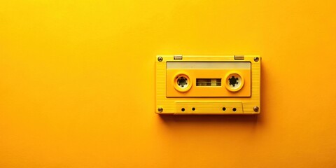 Fototapeta premium A vibrant yellow cassette tape rests on a matching background, a nostalgic symbol of analog music and retro technology
