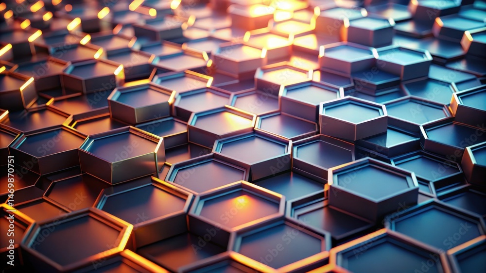 Poster Abstract Hexagonal Grid  A Complex Interlocking Pattern of Metallic Geometric Shapes Illuminated by Warm and Cool Light