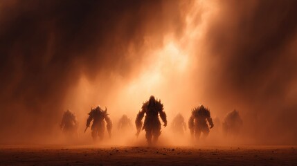Fototapeta premium Vast, dusty landscape filled with imposing figures.