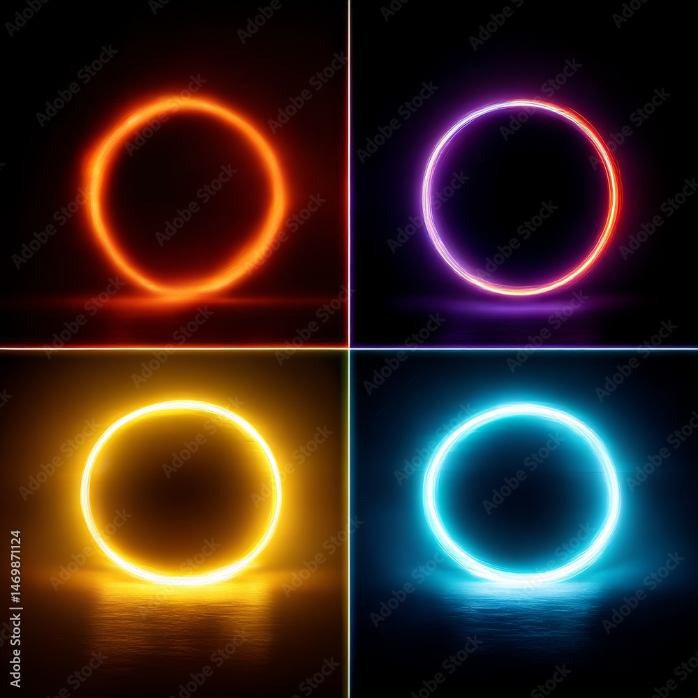 Leinwandbilder neon rings: a quartet of glowing circles reflecting on a dark surface, creating a modern and abstrac