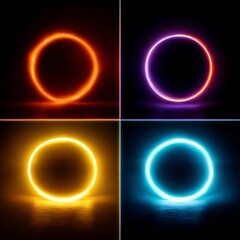 Naklejka premium Neon Rings: A Quartet of Glowing Circles Reflecting on a Dark Surface, Creating a Modern and Abstract Ambiance.