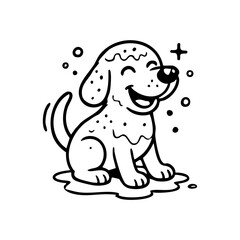A dog in a kitchen mess, nose and paws dusty with flour, water smiling proudly.