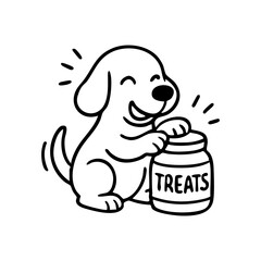 A dog pawing or biting at a closed treat jar, drawn with exaggerated determination.