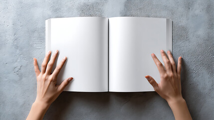 Open blank book on a textured surface with hands positioned for writing or drawing