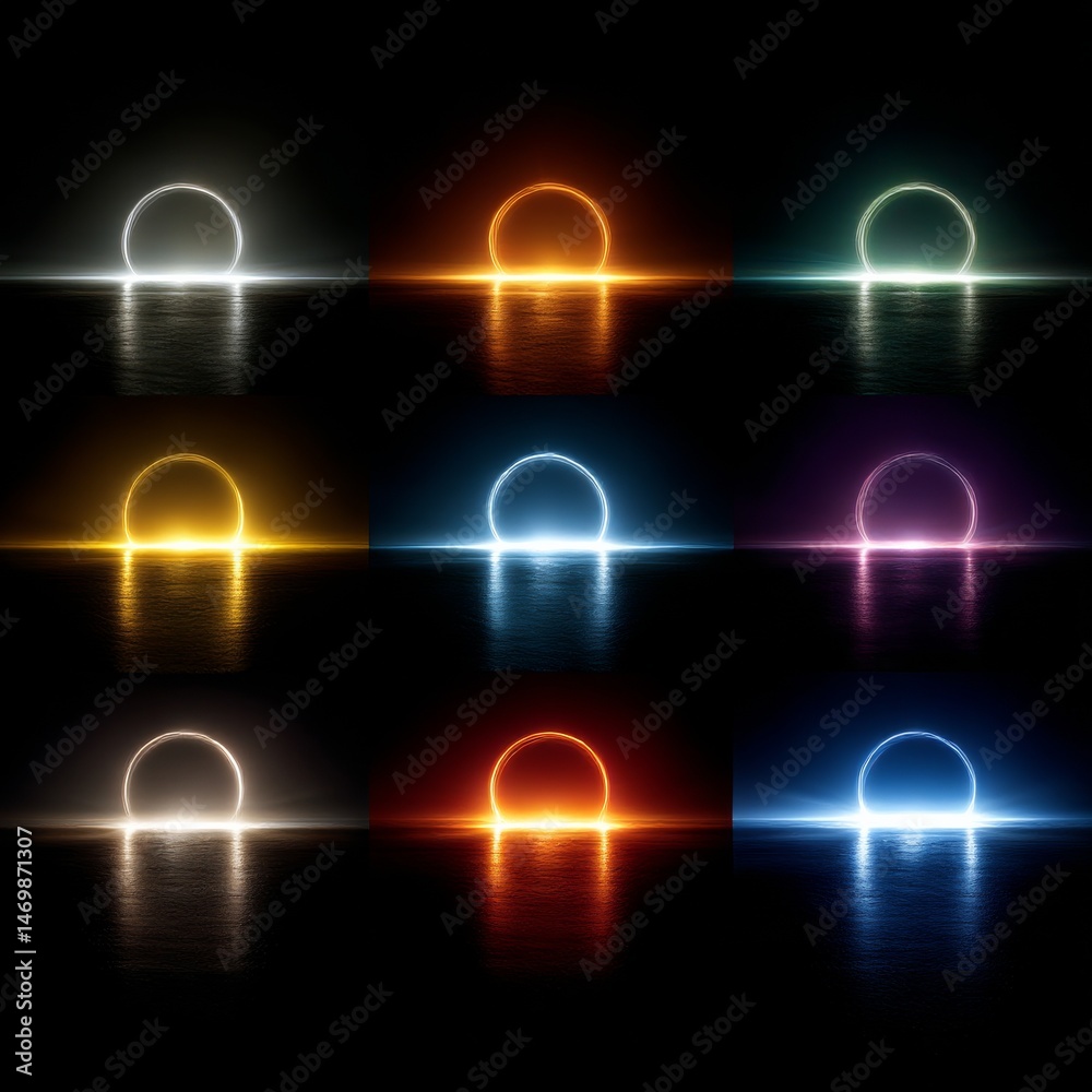 Poster radiant neon circles reflecting on water surfaces in varied colors against a black backdrop, creatin