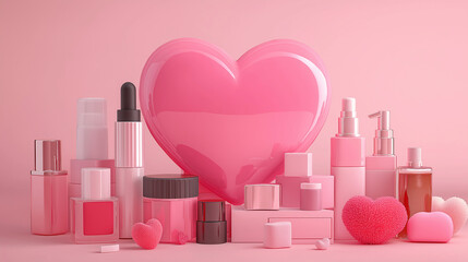 Pink Beauty Products with Heart Background &ndash; Romantic Cosmetic Packaging Display for Skincare and Makeup Promotion