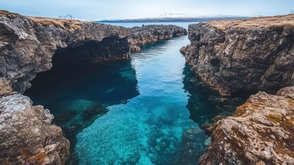 Obraz premium Turquoise Waters and Rugged Cliffs with Snow Capped Mountains Under Cloudy Sky Landscape in Iceland