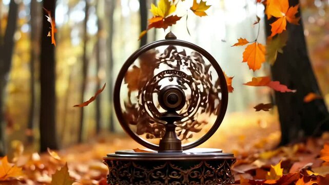 A metal gyroscope spinning on a wooden table with autumn leaves in the background, symbolizing physics, balance, motion, and fall themes in a science-related concept.