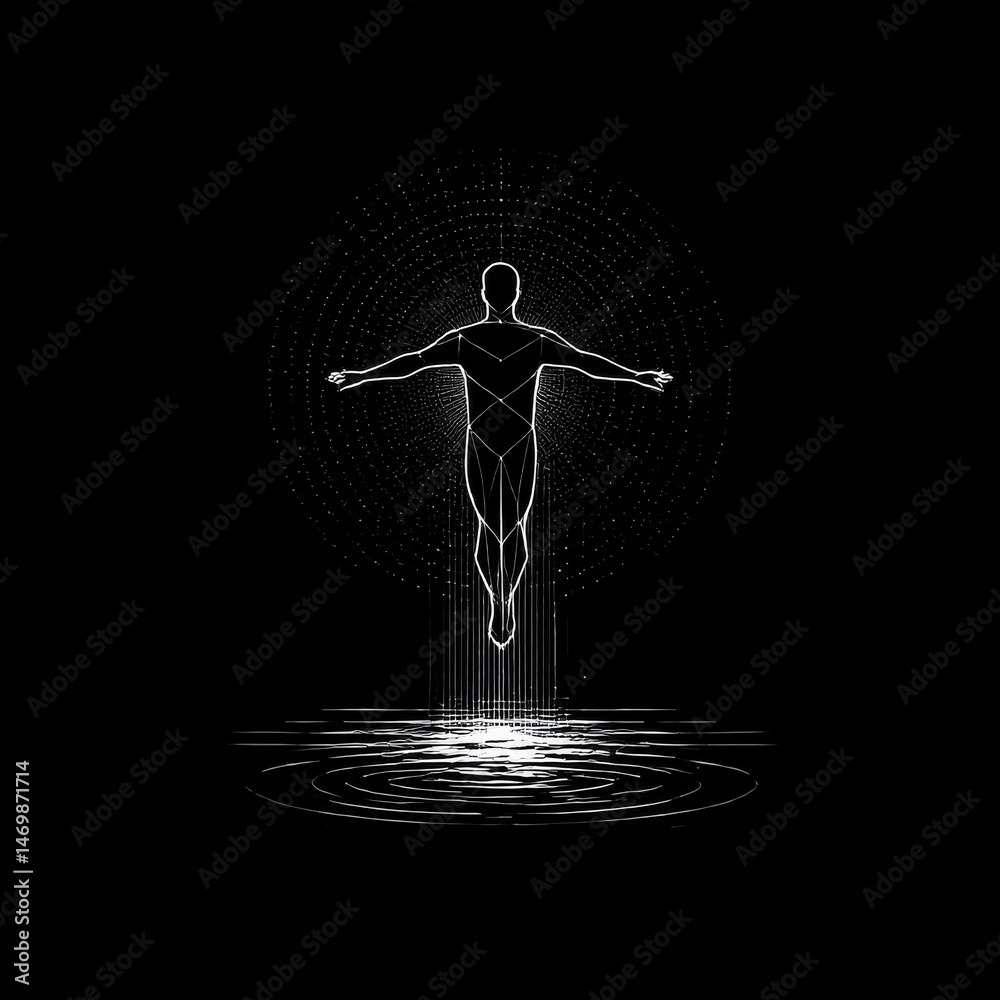 Poster transcendence: an abstract depiction of ascending from water to a realm of stars and light.