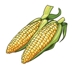 Two Fresh Corncobs With Green Leaves Vector Illustration Isolated On White Background
