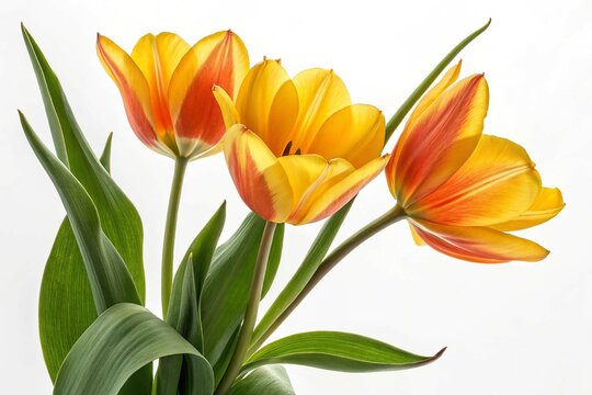 yellow orange beautiful tulips leaves isolated on a white background