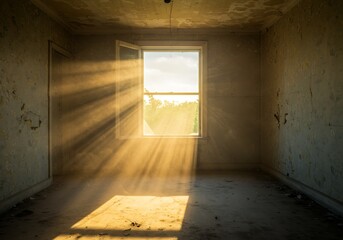 Fototapeta premium Sunbeams Streaming Through Open Window in Abandoned Room with Peeling Wallpaper