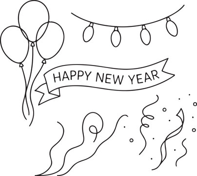 Happy New Year Icons One Line Art Style