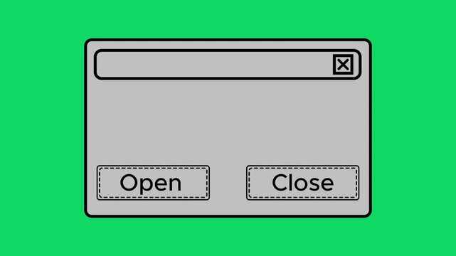 Old computer dialog animation with cursor pressing open button.